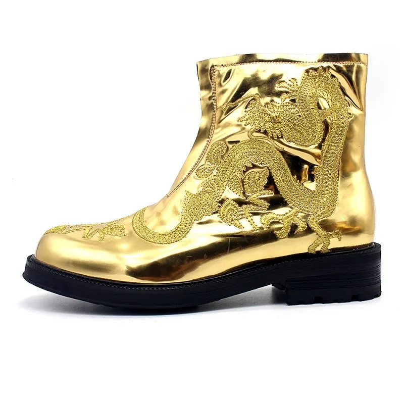 

Ankle Boots Men Gold Embroidered Dragon Runway Zipper Round Toe Genuine Leather Boots Party Dress Shoes Height Increasing Botas