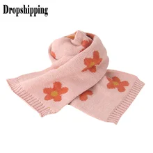 Вязаные Короткие розовые теплые детские шарфы с цветочным принтом, шаль, шерстяной утепленный шарф-ветровка, bufandas invierno mujer# ZC