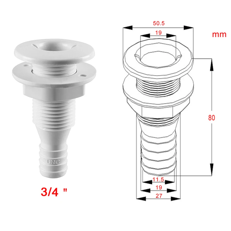

3/4 Inch White Plastic Thru-Hull Bilge Pump Aerator Hose Fitting Part For Boat