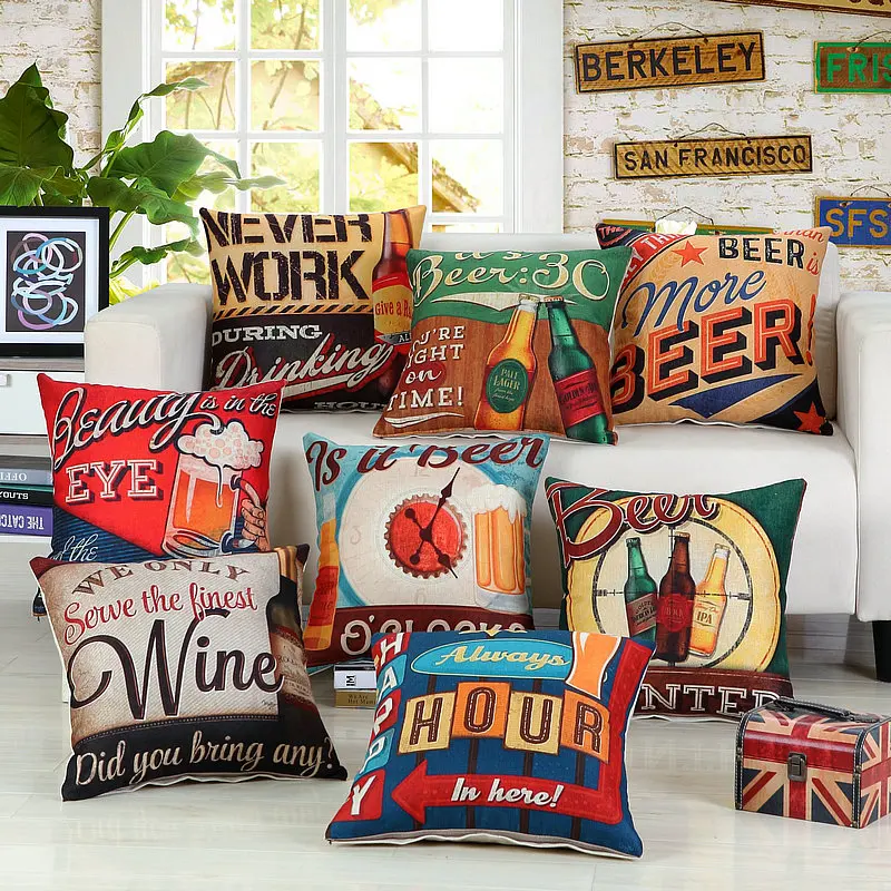 

Vintage Style Beer Wine Cushion Covers Cotton Linen Romantic Home Decor Throw Pillows Gifts Sofa Seat Cushion Cover