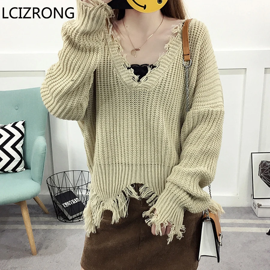 

Autumn Fashion Hollow Tassel Sweaters Sexy Deep V Neck Solid Loose Pullovers Long Sleeve Black White Jumpers Female