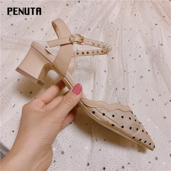 

2020 PENUTA Female Sandals Heels Polka Dot Sandals Air Mesh Fairy Shoes For Women Pearl Ankle Strap Ladies Chunky Heels X0029