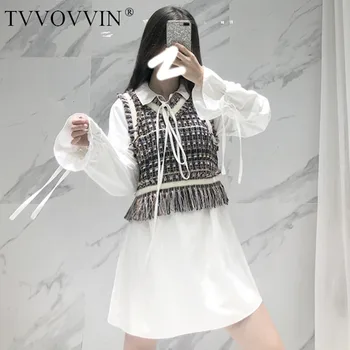 

TVVOVVIN Solid Color Lantern Long-sleeved Ruffled Collar Dress Plaid Fringe Tassel Vest Woman Two-piece Fashion 2019 Autumn F425