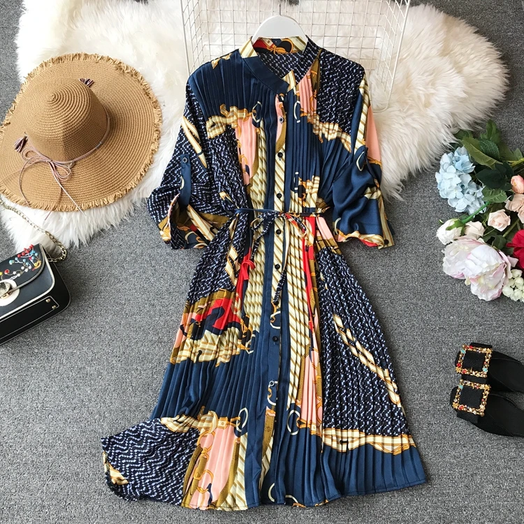 New Cheap ULAxI Spring Ladies Urban Chiffon Loose Printed Pleated Dress Women Fashion Festival Three Quarter Lantern Sleeves Knee length Dress