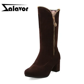 

ZALAVOR Women Mid Calf Boots Plus Size 31-48 Winter Keep Warm Casual Square Heels Shoes Women Fashion Brand Suede Zipper Boots