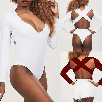 

Sexy Women Deep V Neck Long Sleeve Backless Bodycon Jumpsuit Bodysuit Romper Backless bodycon design sexy show perfect figure