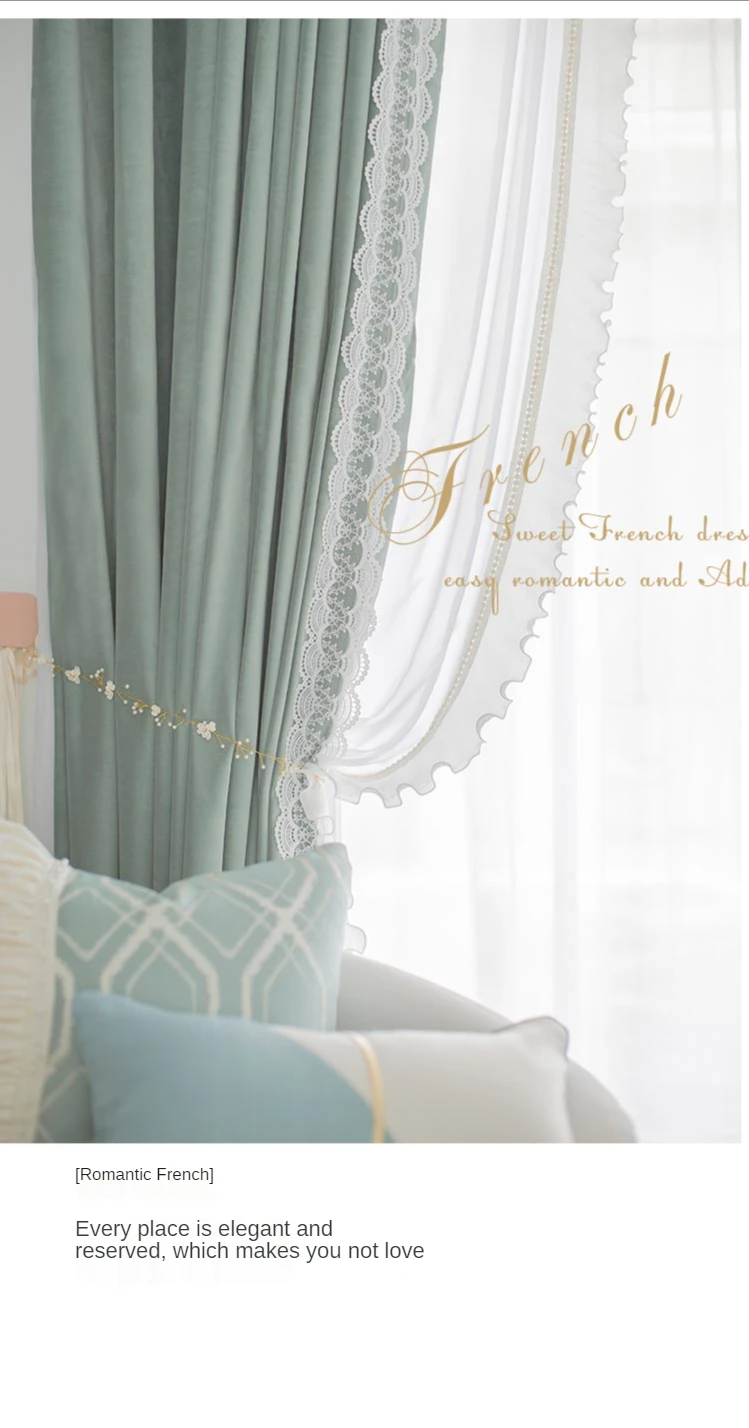 2022 New Avocado Green French Lace Princess Style Curtains Bedroom Living Room Bay Window Shading Curtains Modern and Simple