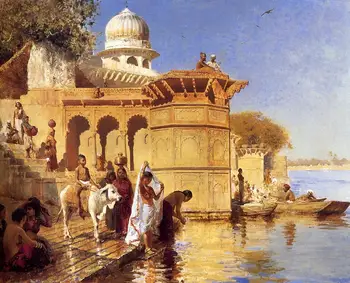 

2 Hand Painted Art Paintings by College Teachers - Along The Ghats Mathura Indian Edwin Lord Weeks - Oil Painting on Canvas