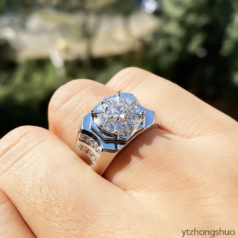Forma de Flor Anéis de Dedo para Homens Luxo Design Noivado Casamento Moda Jóias Cor Prata Brilhante cz Masculino Anéis 3 Joias e Acessórios