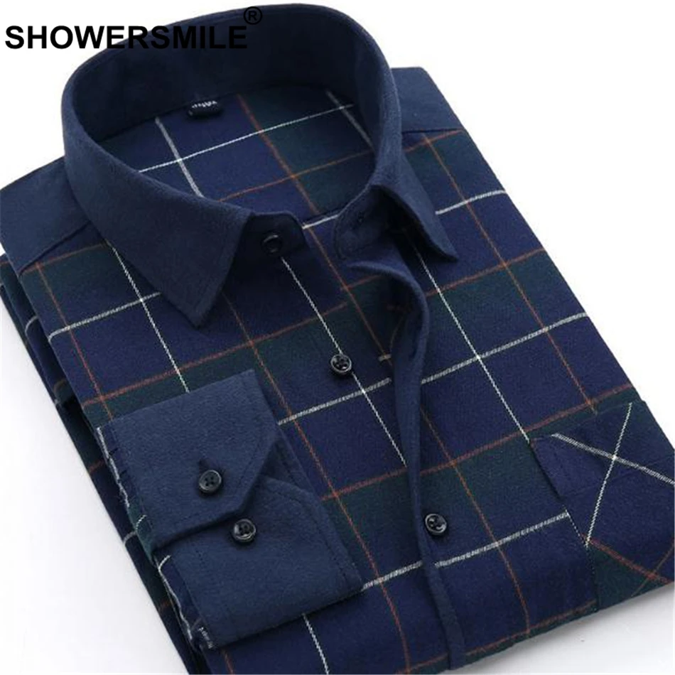 SHOWERSMILE Men's Slim Fit Checkered Flannel Shirt - Long Sleeve Plaid Pattern for Autumn Winter Clothing image 3