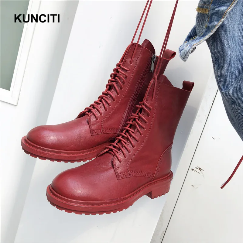 

2019 KUNCITI Genuine Leather Martin Boots Red Lace Up Vintage Shoes Autumn Winter Ankle Booties New European Designer D9149