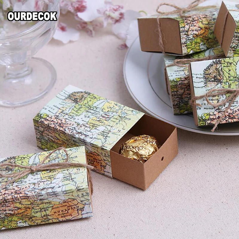 

25 Pcs/lot World Map Cuboid Wedding Paper Favor Candy Boxes Gift Boxes with String Wedding Birthday Party supply For Christmas