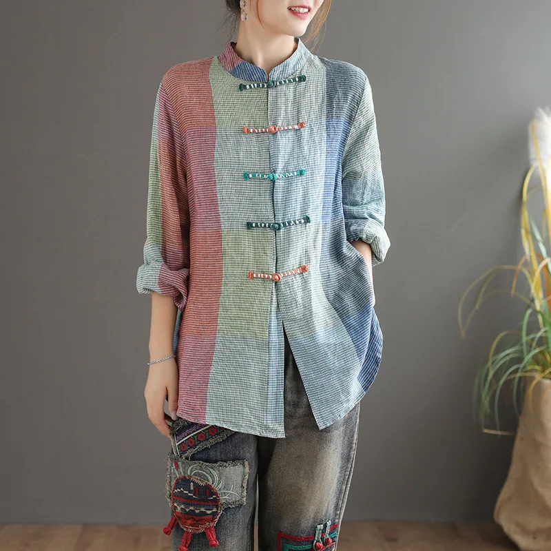 

2019 new retro style cotton linen casual shirt female autumn cotton long-sleeved shirt top js
