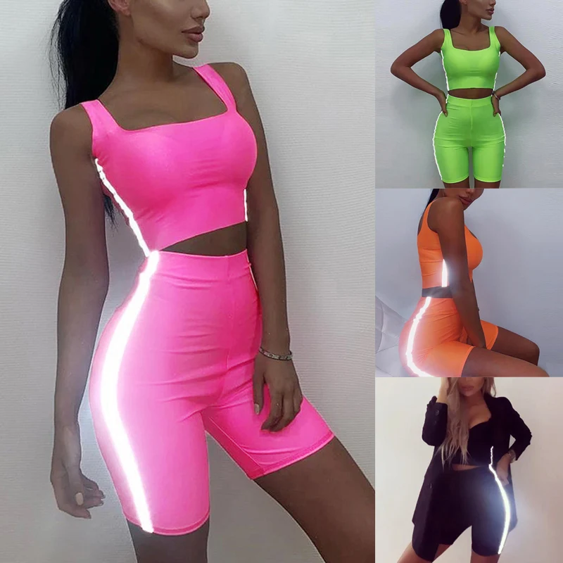 

Yoga Set Tank Top Vest High Waist Yoga Shorts Leggings Reflective Workout Sports Suit ALS88