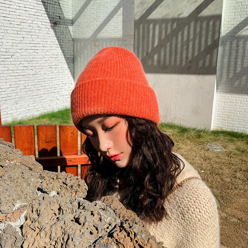 orange hat Утолщенная Лыжная шапка для девочек, новая модная зимняя женская шапочка, женские шапки Skullies, теплый шарф, вязаная шапка, комплект - Цвет: orange hat