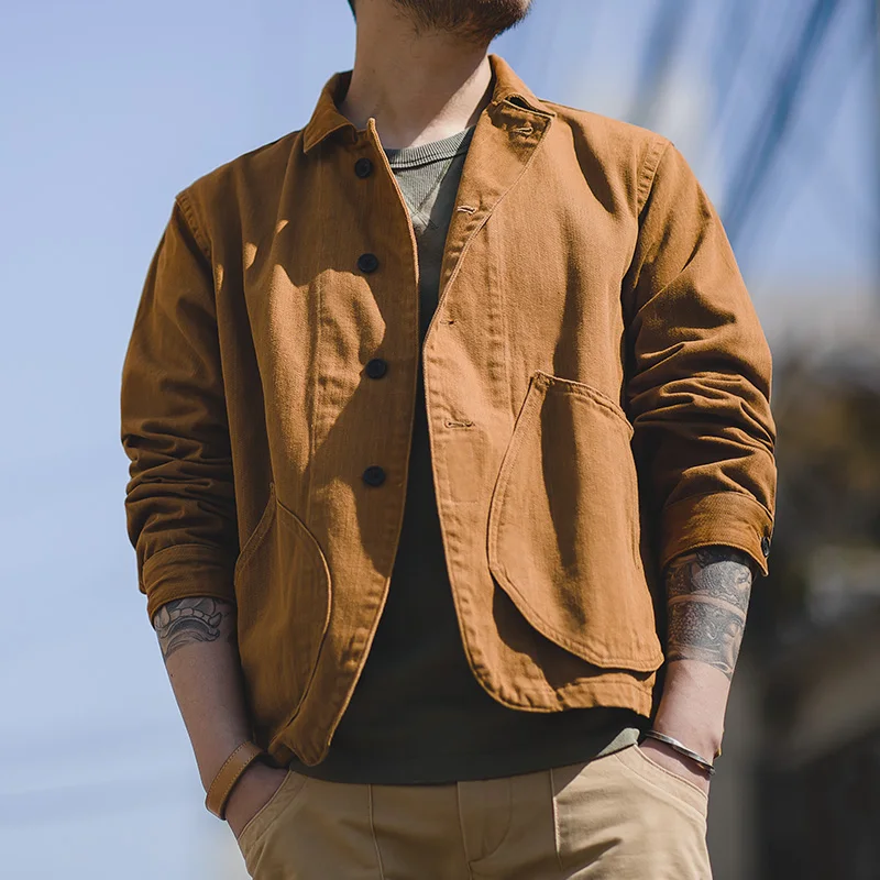 Maden Men's Cotton Fabric Brown Casual Jacket Retro Single-breasted Button Multi-pocket Jacket Large Capacity Pocket Jacket Maden Men's Cotton Fabric Brown Casual Jacket Retro Single-breasted Button Multi-pocket Jacket Large Capacity Pocket Jacket