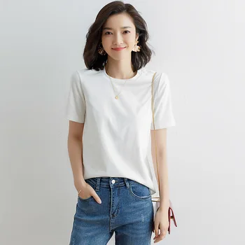 

Women's Solid Slim Short Sleeve Round Neck Cotton T-Shirt 2020