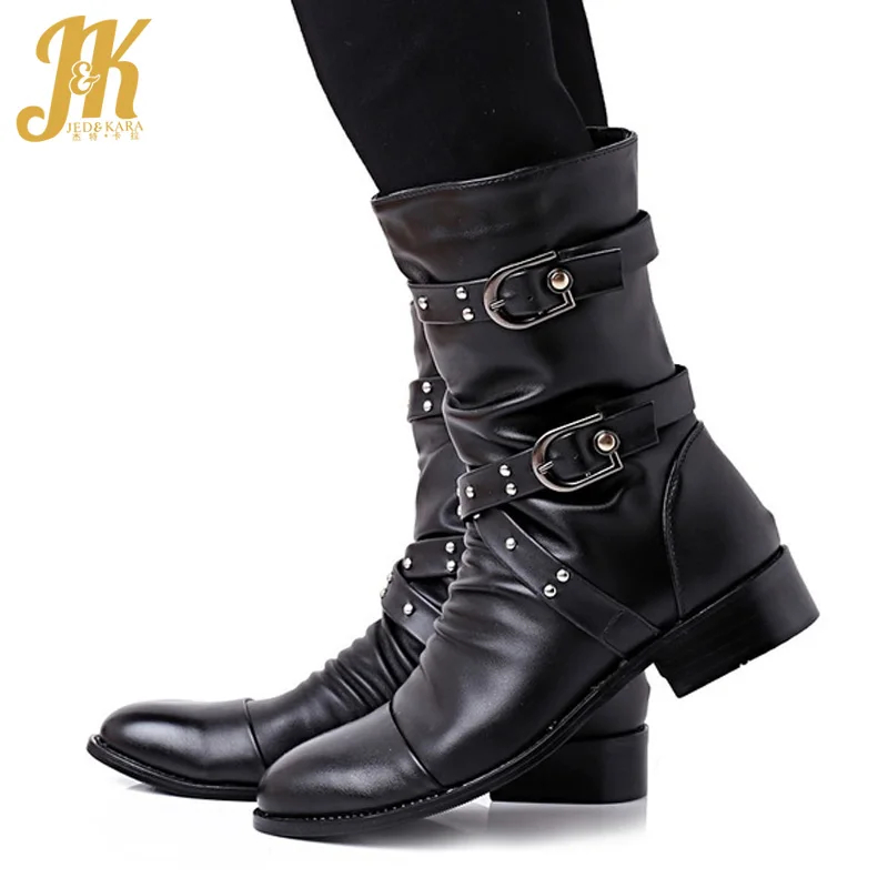 Women's Punk Rivet Mid Calf Boots Leather Motorcycle Rhinestone Shoes Plus Size