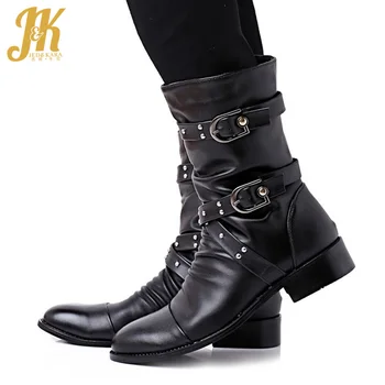 

JK Motorcycle Boots Women Thick Heels Mid-Calf Boot Ladies Rivet Shoes Studded Shoes Female Round Toe Punk Shoes Plus Size 48