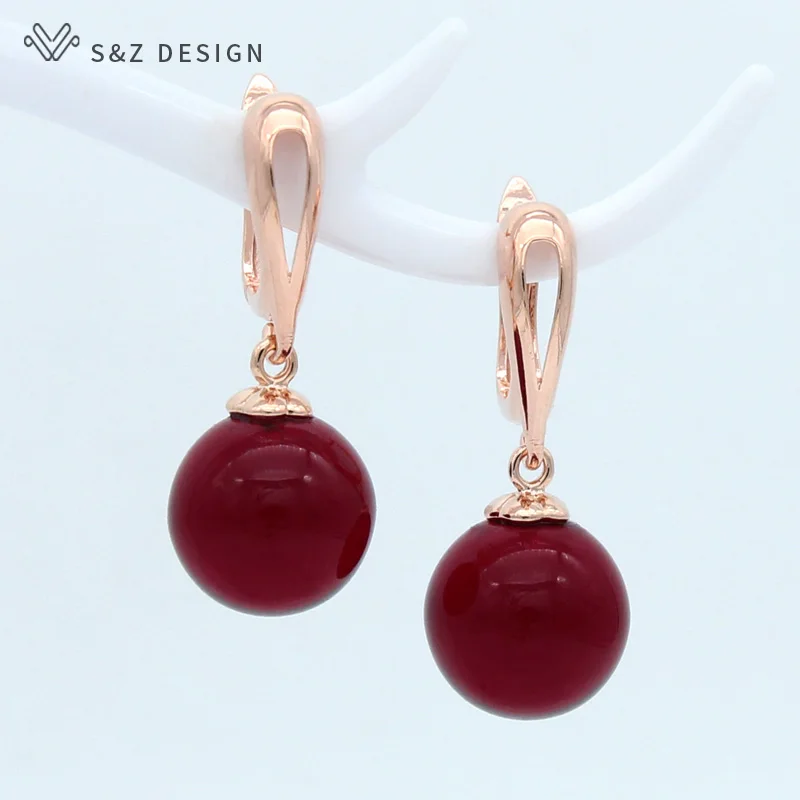 S&Z DESIGN New Trendy 585 Rose Gold Color Round Synthesis Ambers Dangle Earrings For Women Girl Wedding Jewelry Eardrop