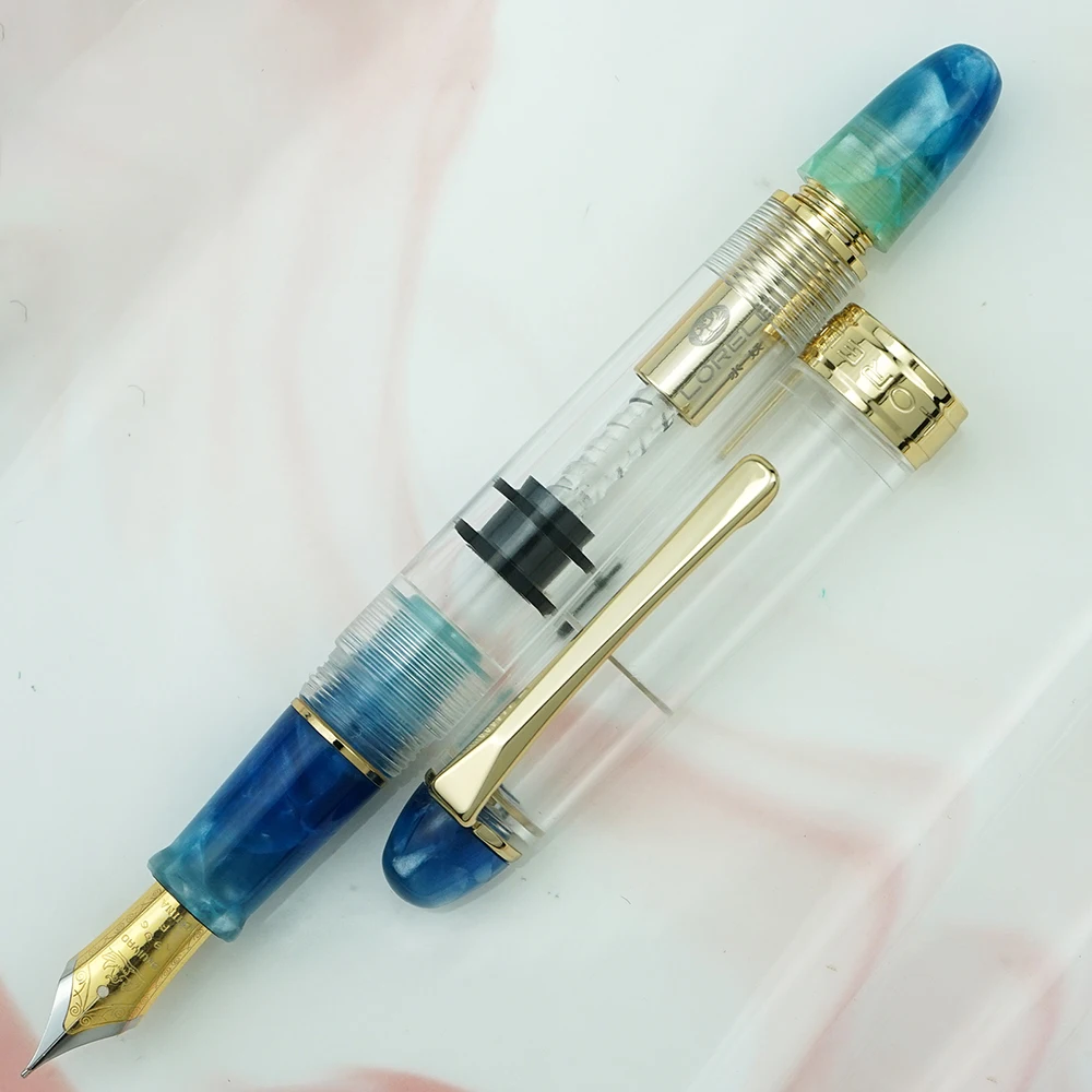 Wing Sung No 618 Transparent Dark Blue Fine Fountain Pen & Gold Trim Cased 