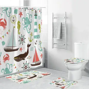 

4 pcs Bathroom Accessories Set with Shower Curtain White Polyester Colorful Pattern Shower Curtain zasłona prysznicowa T130