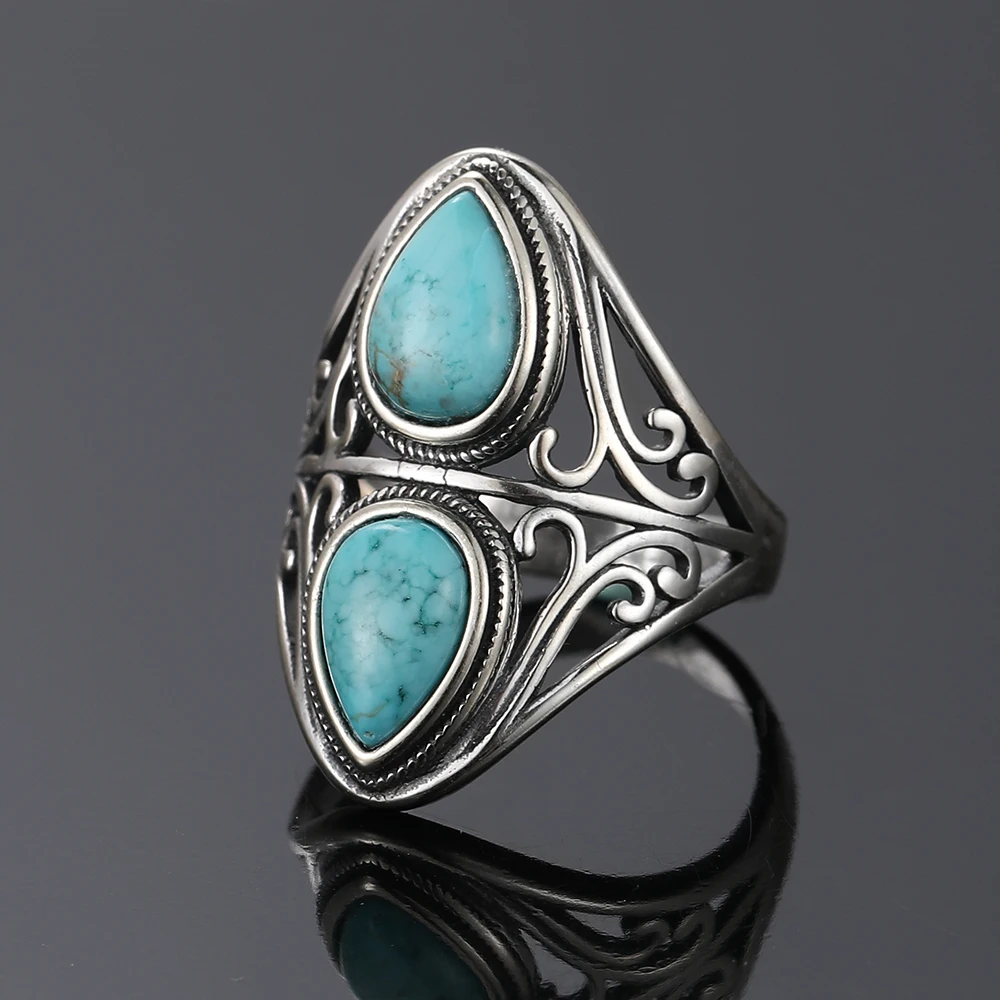 Vintage Natural Turquoise Bohemian Ring in S925 Silver Gemstone Jewelry Gift