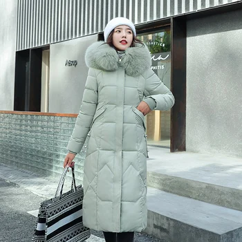 

New Fashion X-Long Slim Fur Collar Coat Winter Jacket Women Elegant Hooded Down Parka Coat Female Office Lady