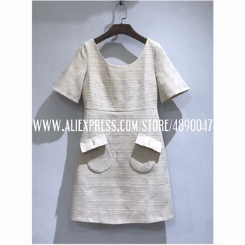 

Autumn round neck A-line retro elegant short-sleeved dress 2020 new high quality Plaid thin tweed face lady temperament dress