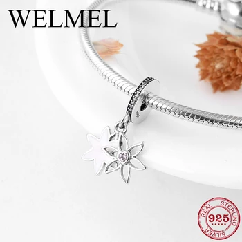

925 Sterling Silver June flower pink Heart CZ Charms for Jewelry making Pendants Fit Original European DIY Bracelet Necklace