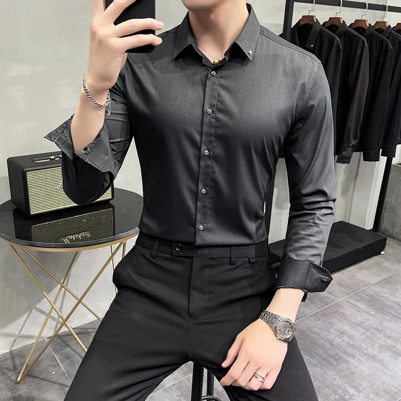 Camisa simple de manga larga para camisa delgada de color sólido con cuello, esquina, de estrella de metal, combina con todo|Camisas informales| - AliExpress