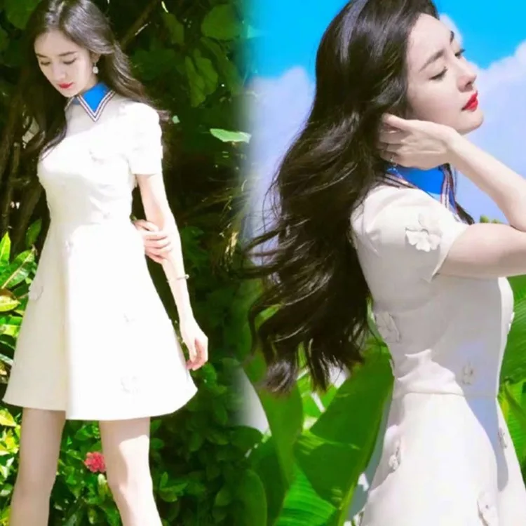 

2019 Early Spring New Style Yang Mi Star Celebrity Style Flower Embroidered Peter Pan Collar White High-waisted Dress A- line Sk
