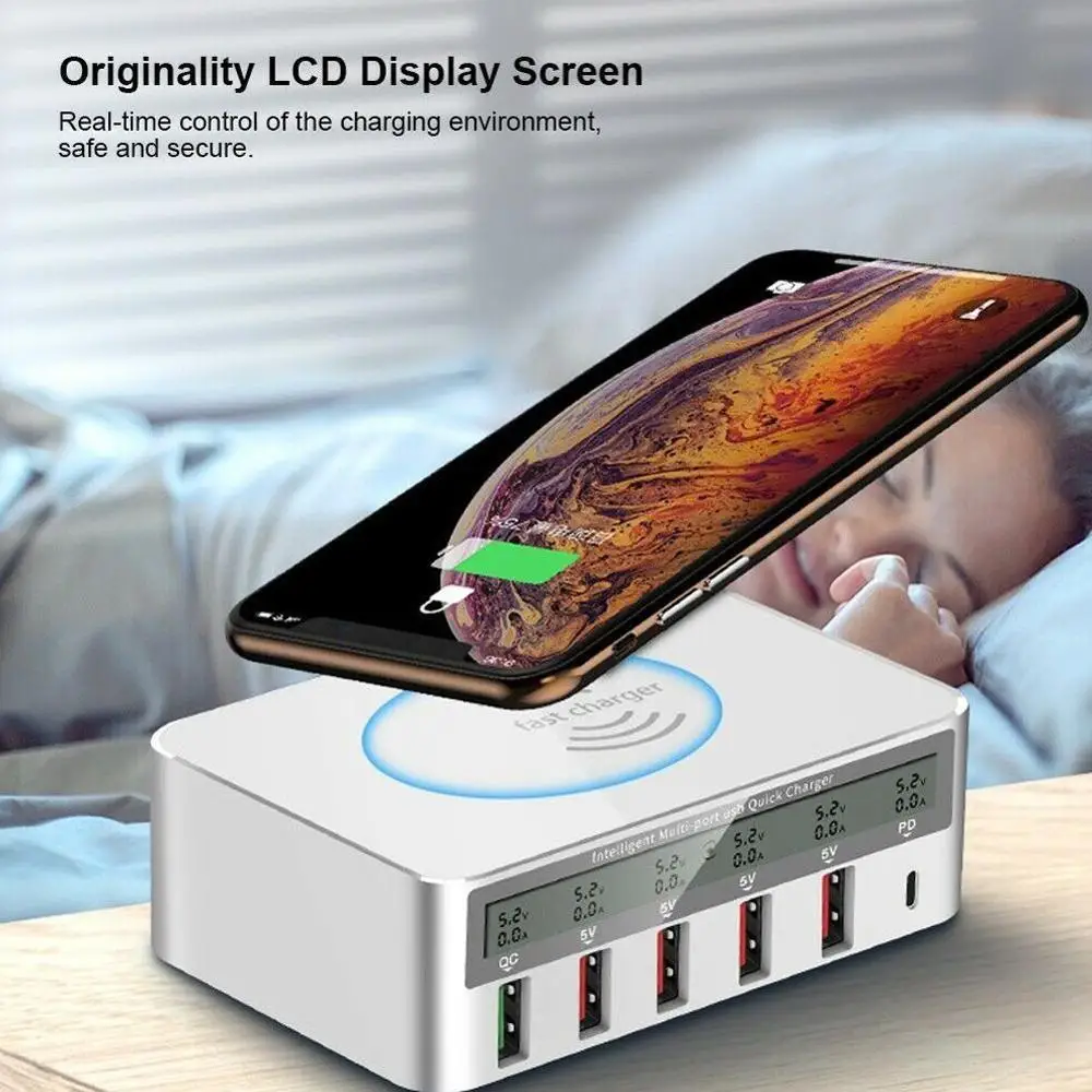 

Qi Wireless Charger QC3.0 5 USB Charger for iPhone Xiaomi Samsung Fast Wireless charger LED Screen Multi usb charger adapter