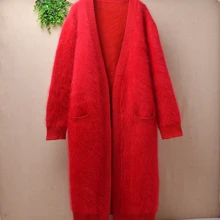 Рождественские Длинные зимние женские кардиганы свитер из кроличьего меха пальто из ангоры с длинным рукавом Плотная свободная вязаная куртка Горячая Распродажа