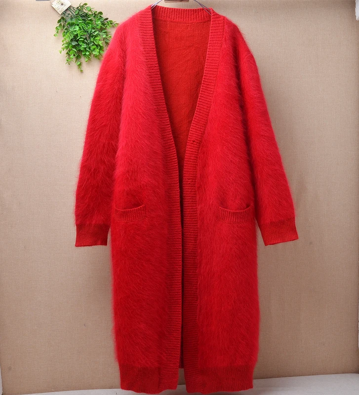 Christmas Long winter women cardigans sweaterrabbit fur angora coat long sleeve heavy thicken loose knitted jacket hot sale