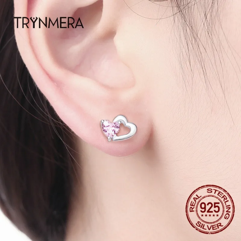 Женские сережки гвоздики Trynmera серьги из 925 пробы серебра с двойным сердцем и