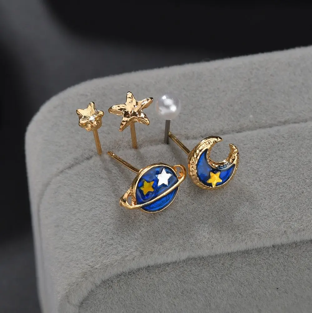

MissCyCy 5pcs/Set Blue Pink Universe Planet Moon Star Mini Stud Earrings Set 2019 New Cute Earring For Women Jewelry Gift