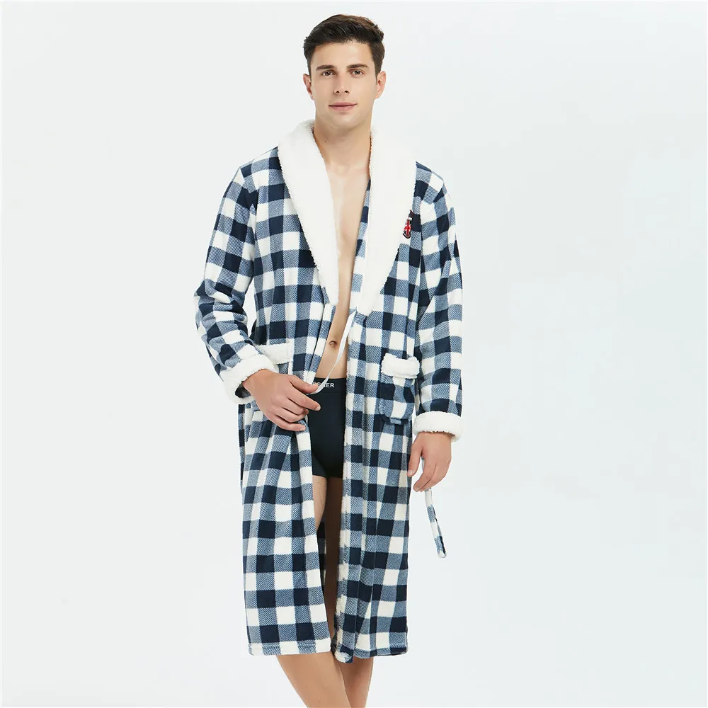 Для мужчин кимоно купальный халат из кораллового флиса, одежда для дома, ночная рубашка в клетку, интимное нижнее белье одежда зимниеv-образным вырезом утепленные пеньюар