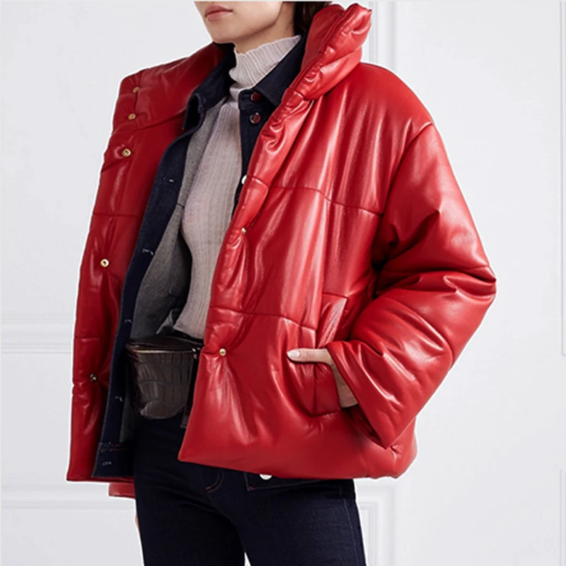 TBPK3014 Red ZOEPO, женские парки из искусственной кожи, модные однотонные пальто из искусственной кожи, женские элегантные толстые хлопковые куртки для женщин - Цвет: TBPK3014 Red