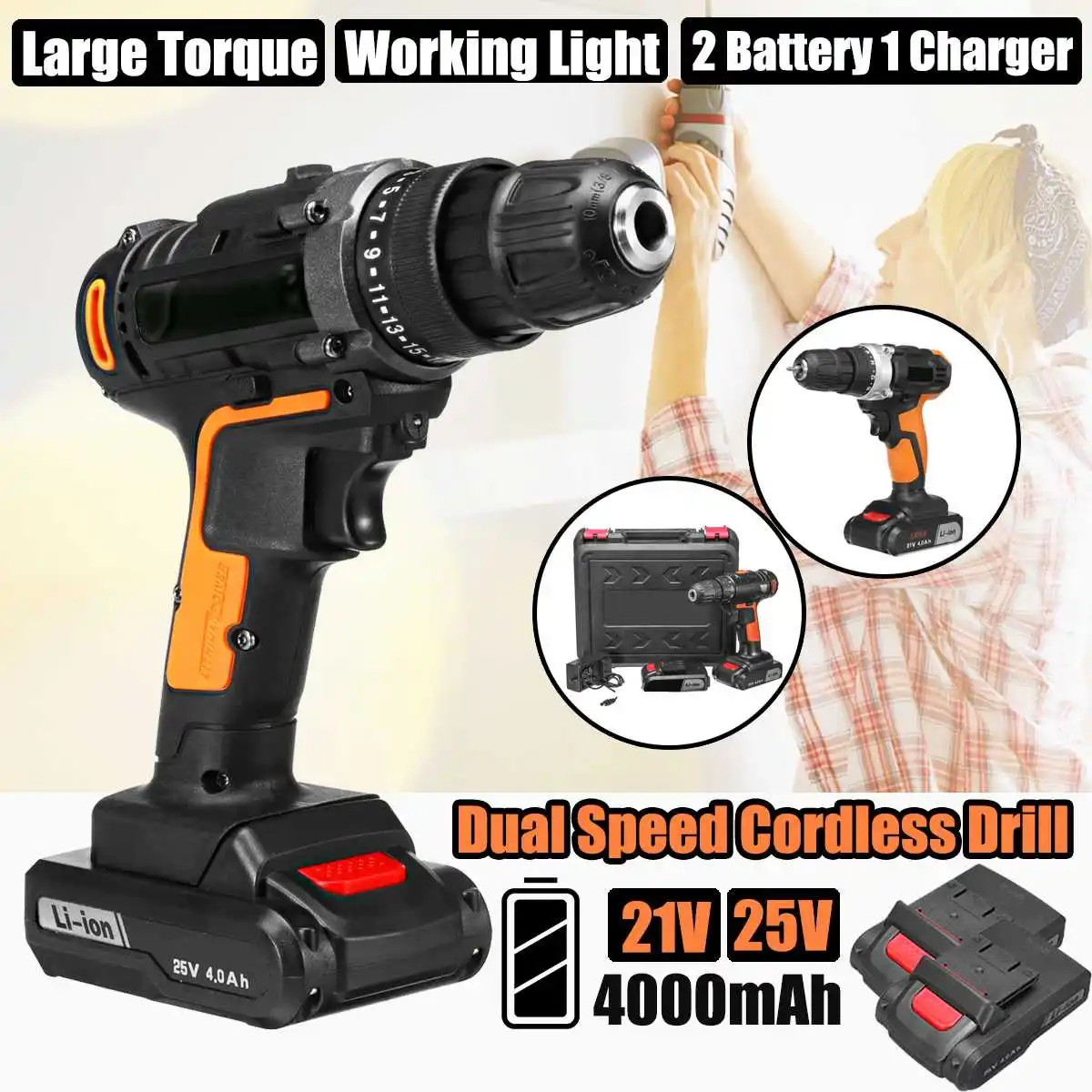 

3/8" 21V/25V Max Electric Screwdriver Cordless Impact Drill 2 Lithium-Ion Battery 18+1/18+3/25+1 Torque 2 Speed Home Tools