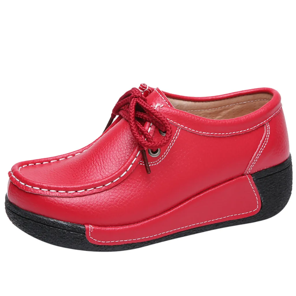 Красный platform shoes woman Lace Up solid color Platform flat With round Toe Casual Shoes women flat shoes handmade#G2 - Цвет: Красный