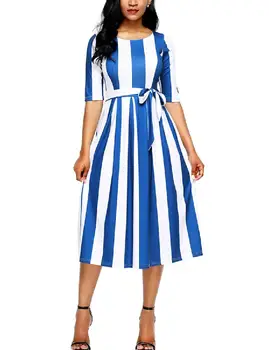 

Yfashion Lady A-line Long Dress Women Clothes Vertical Wide Stripes Casual Dress Half Sleeve Round Neck Waist Belt Women Dresses