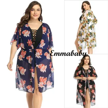 

Women Loose Summer Floral Print Flare Sleeve Half Sleeved Cardigan Beach Cover UP Top Plus