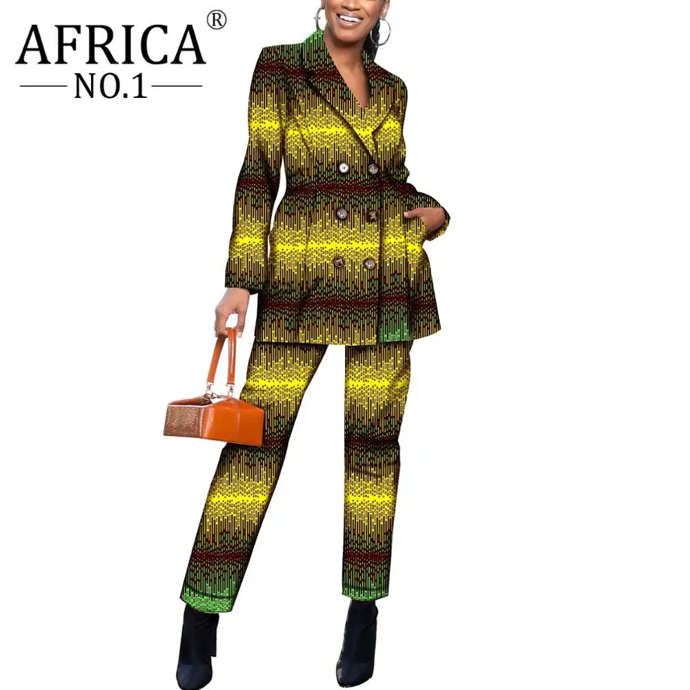 

African Print Suit for Women Long sleeves Coats and Pants 2 pieces Outfits Jacket formal Femme Robe clothes Cotton Wax V2026003