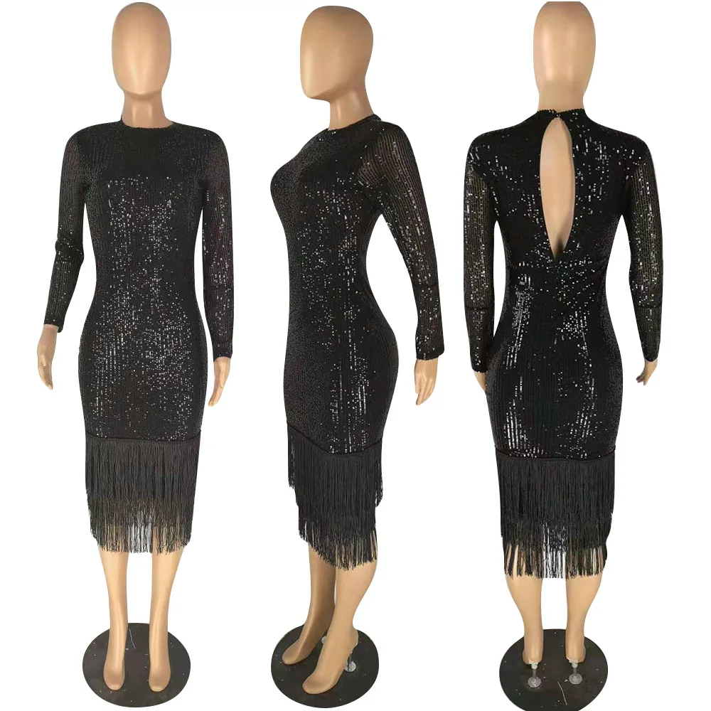 Женское зимнее платье в полоску с блестками и кисточками, облегающее платье миди, Сетчатое сексуальное платье с длинным рукавом для ночного клуба, повседневные бандажные платья, Vestido