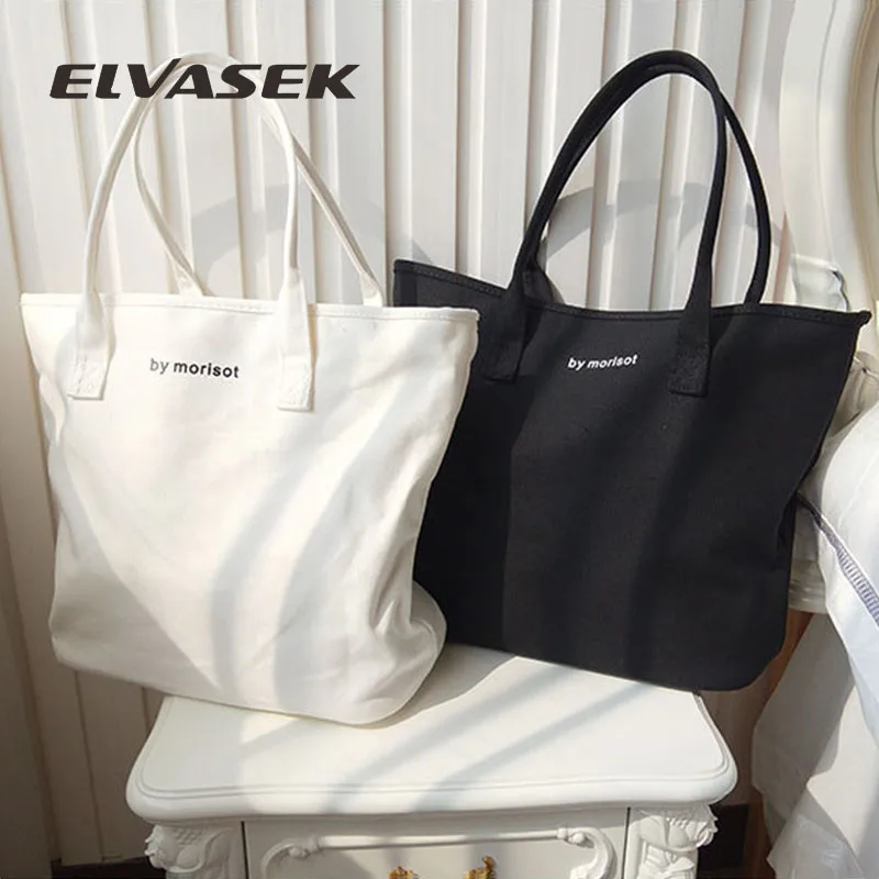 

ELVASEK 2019 new simple wild white or black large capacity canvas bag female shoulder tote casual literary tote student bag