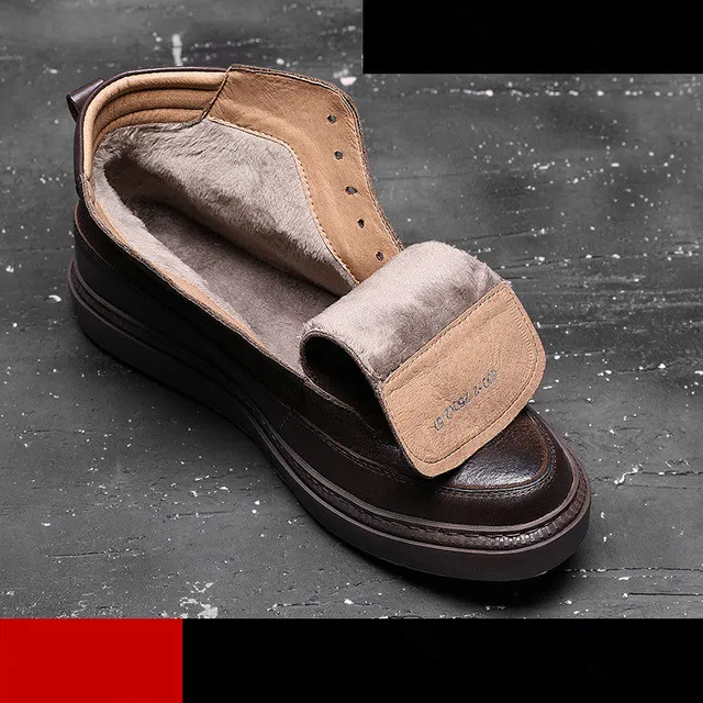 Men Genuine Leather Winter Boots Lace Up Black Ridding Boots Boys Students Casual Ankle Boots Fashion Sneakers Shoes Coffe Fur