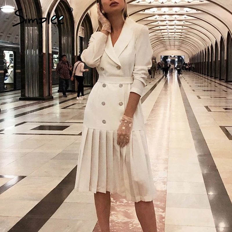 Simplee Vintage pleated belt dress women Notched A-Line long sleeve midi office dress Patchwork bottom white dress autumn 2020 Simplee Vintage pleated belt dress women Notched A-Line long sleeve midi office dress Patchwork bottom white dress autumn 2020