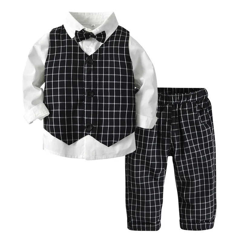 

3pcs/set Toddler Christmas Outfit Fall Formal Plaid Style Long Cotton Shirt with Pants and Vest for Baby Boys Clothing