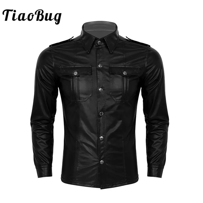 

TiaoBug Black Wetlook Patent Leather Turn-down Collar Long Sleeve Button Down Slim Nightclub Party Rave Dancewear Men Sexy Shirt